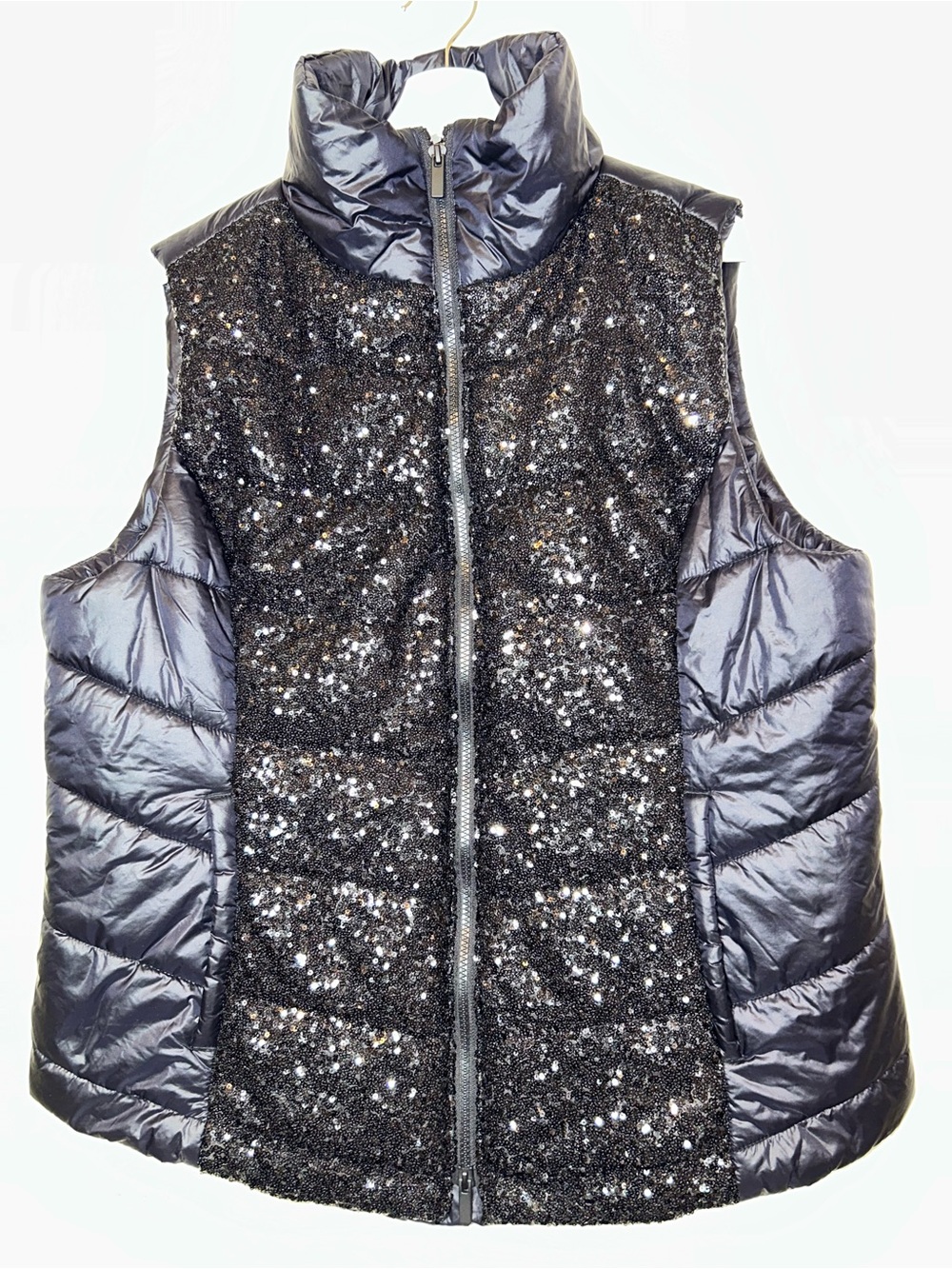 Chicos Zynergy Black Sequin Zip Puffer Vest